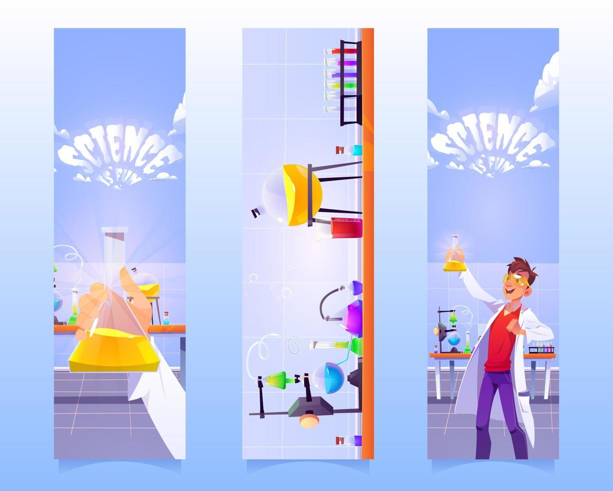 Banners with man with flask in chemical laboratory vector