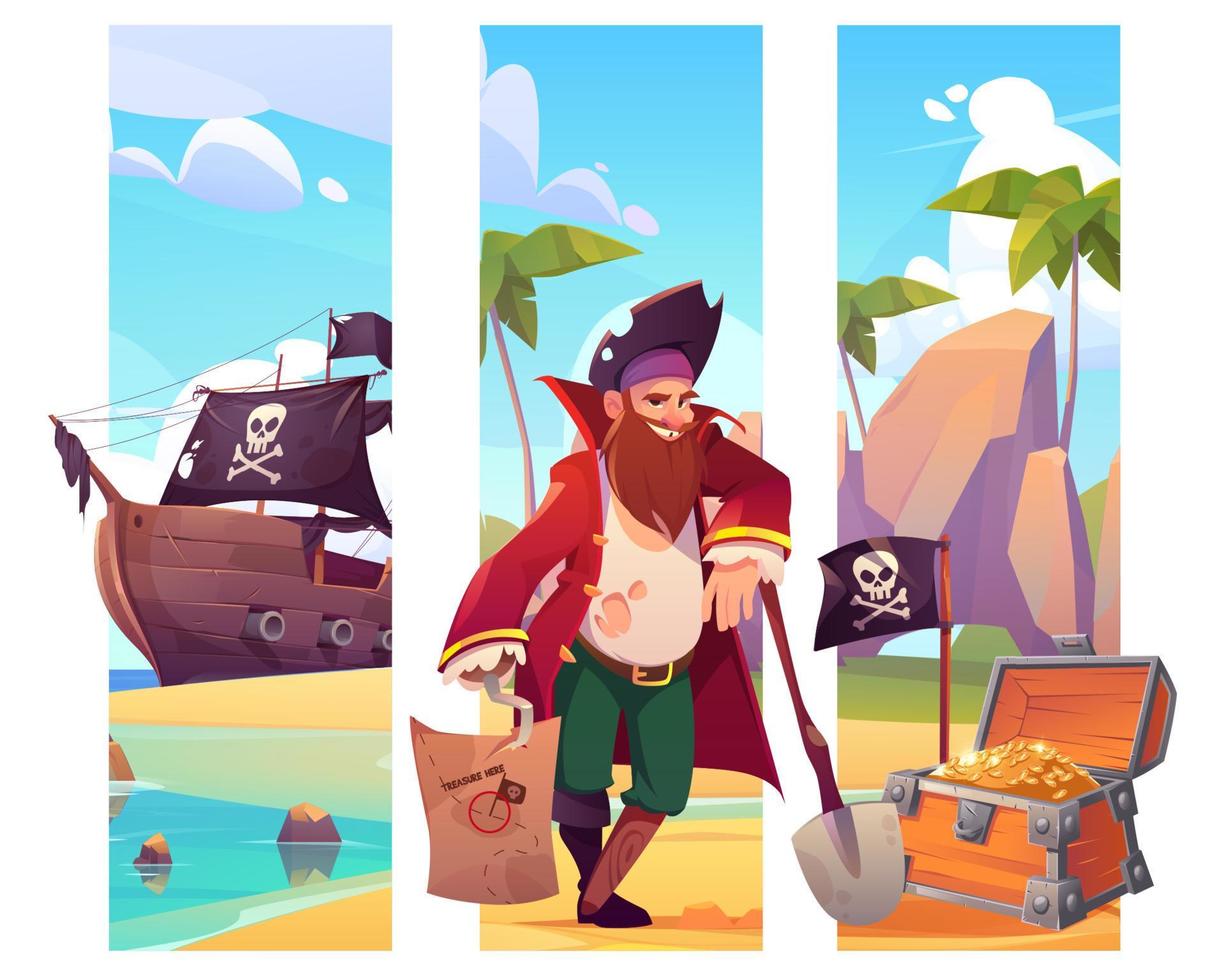 Bookmarks with pirate, treasure chest and ship vector