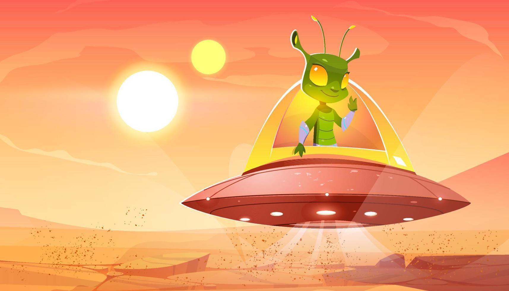 Funny alien in spaceship hover above Mars surface vector