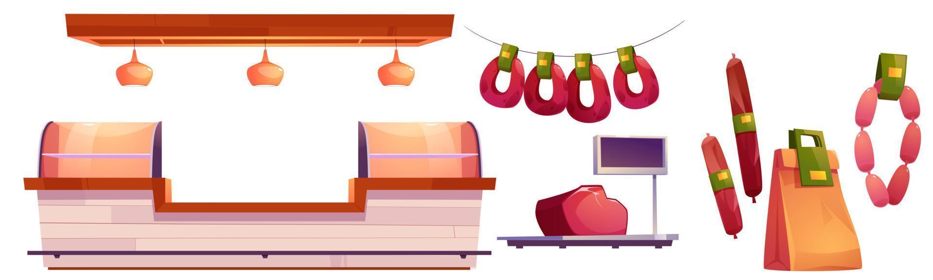 Meat market stall, beef, pork on scales, sausages vector