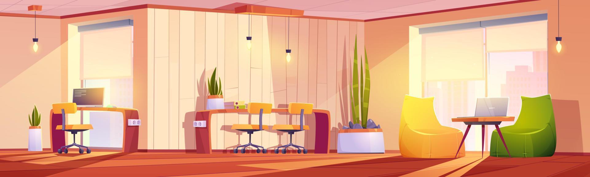 Coworking office with tables, chairs, laptops vector