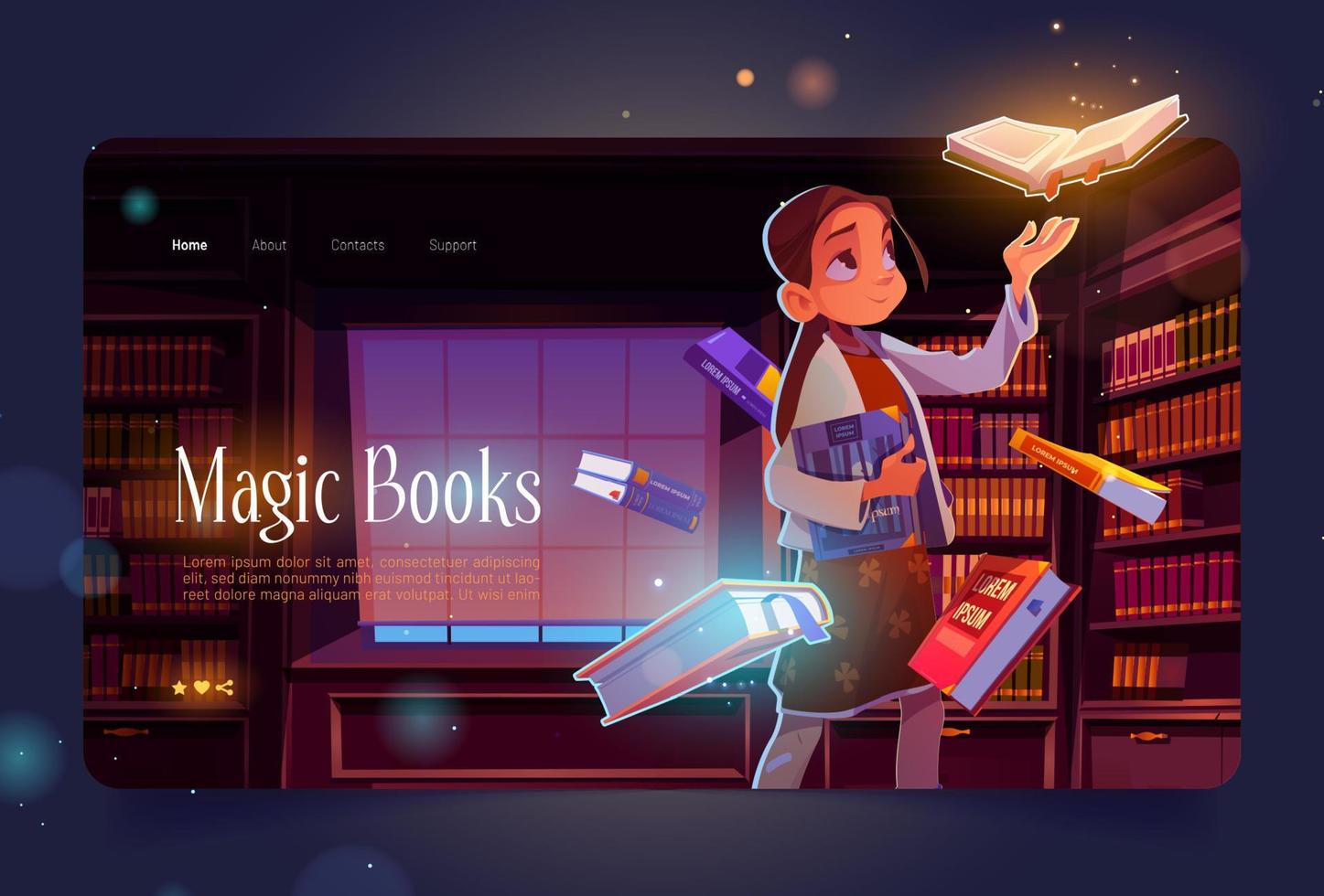 Magic books cartoon landing, young girl in library vector