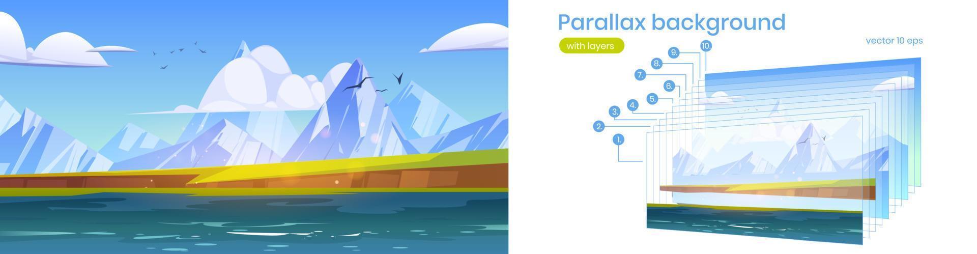 Parallax background, ocean or sea view, mountains vector
