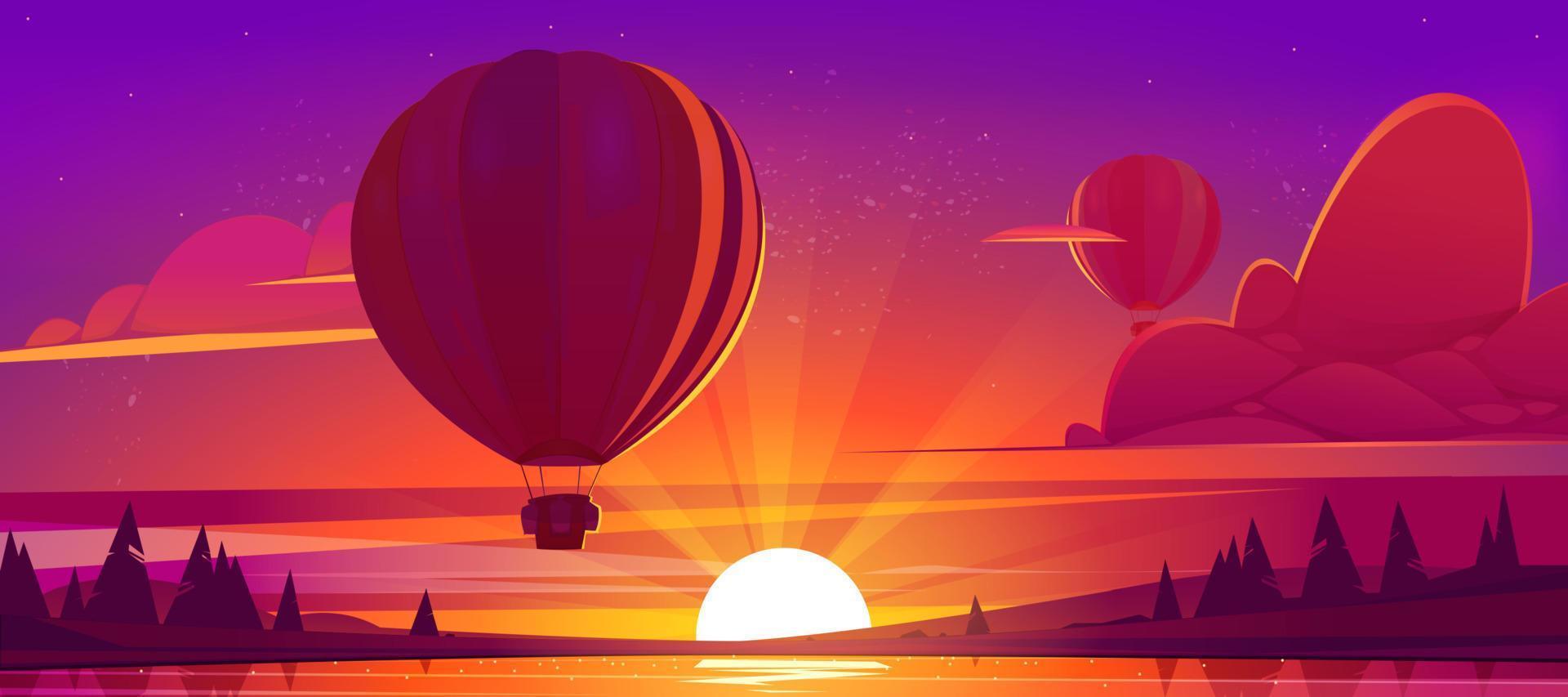 Sunset landscape with lake and hot air balloons vector