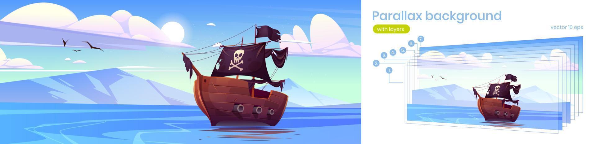 fondo de paralaje para juego, barco pirata en el mar vector