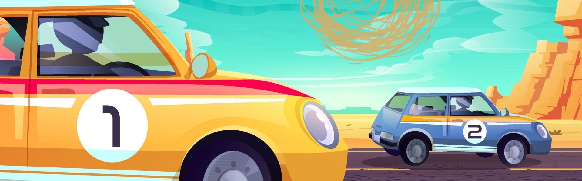 Cars racing in desert, race tournament, auto rally vector