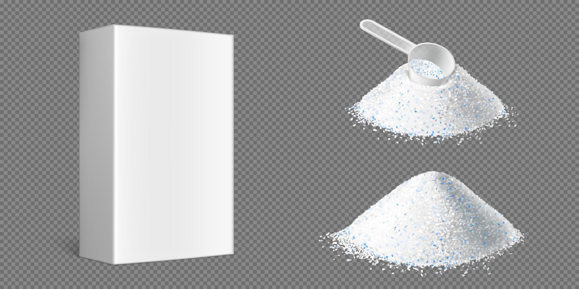 Washing powder piles with measuring scoop and box vector