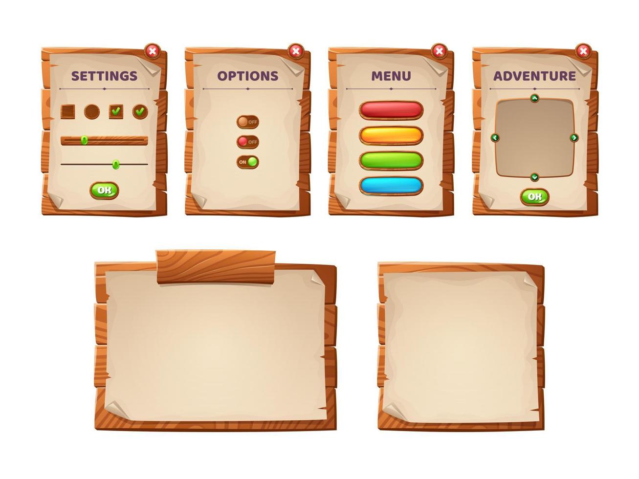 Game ui scrolls, wood boards and antique parchment vector