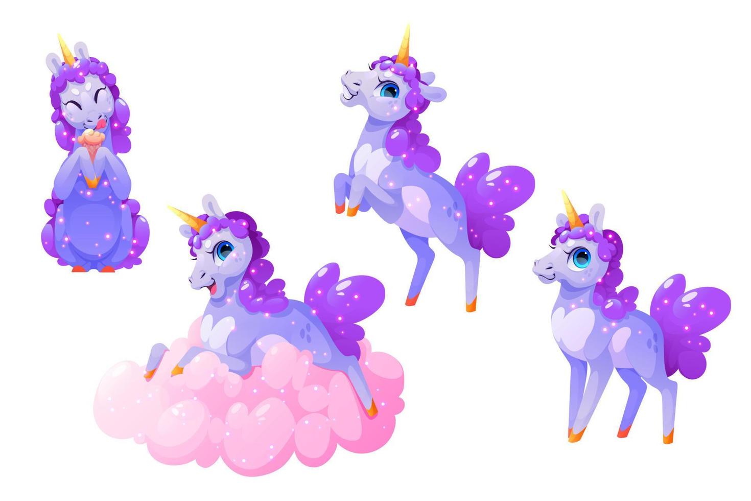 Cute unicorn character in different poses vector