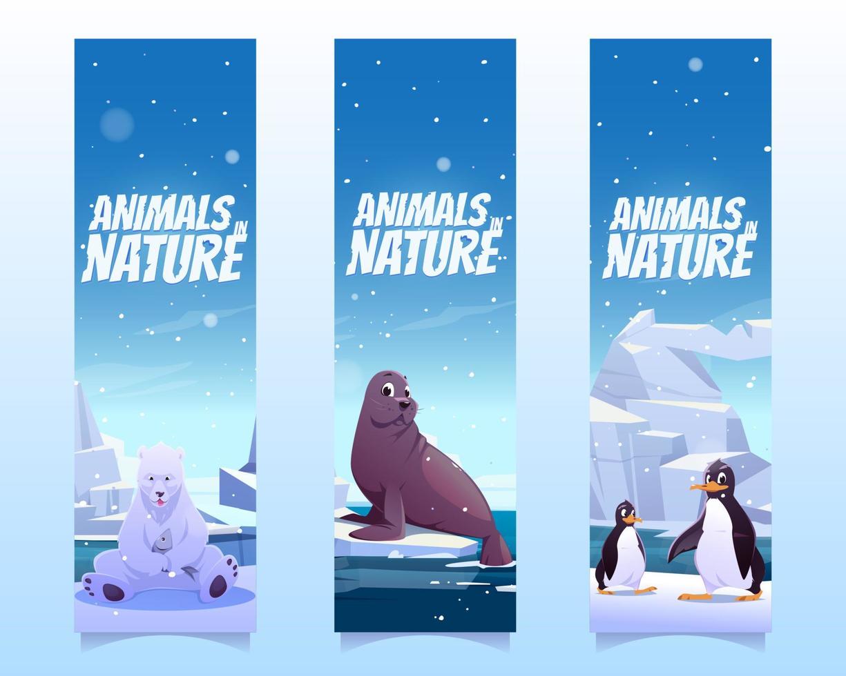 Bookmarks with penguins, polar bear and seal vector