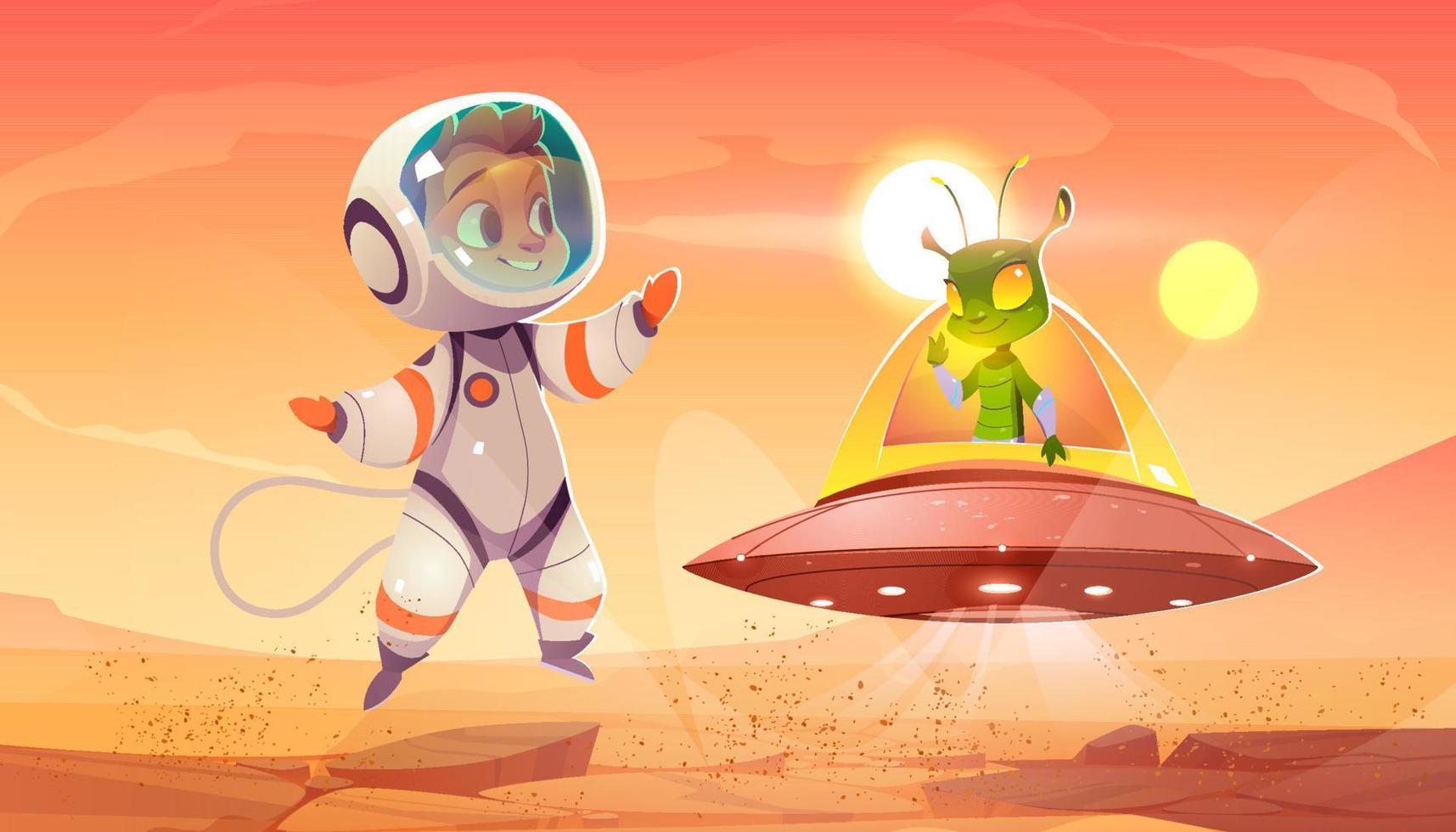 reunión de niños alienígenas y astronautas en el planeta rojo vector