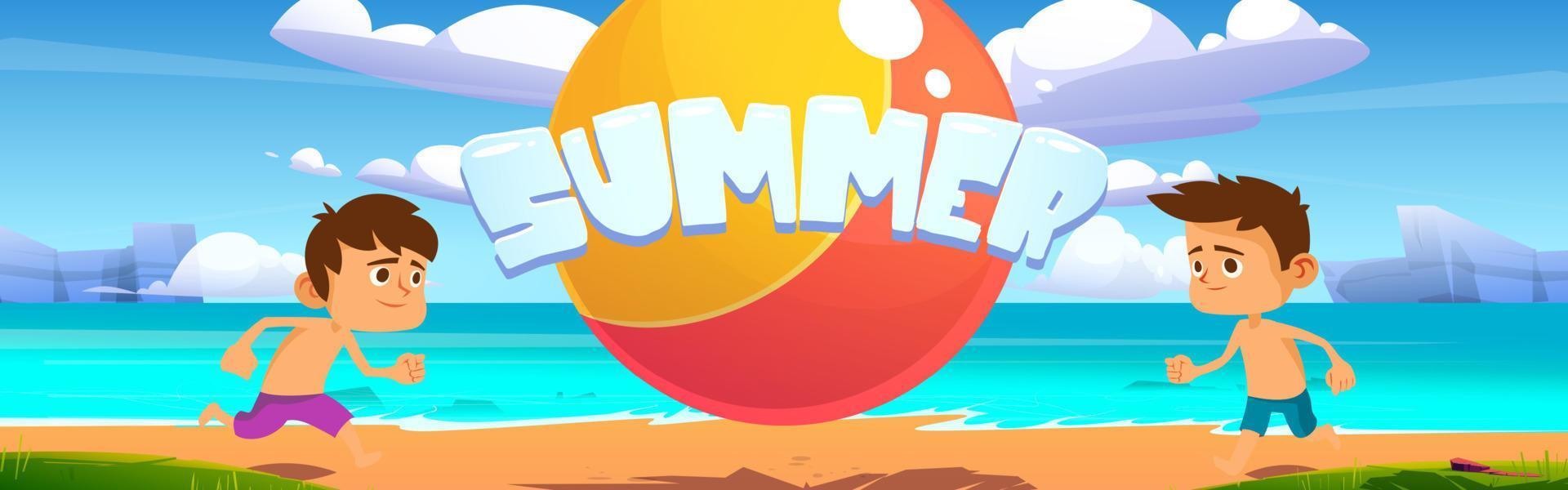 Summer beach with kids playing ball cartoon banner vector