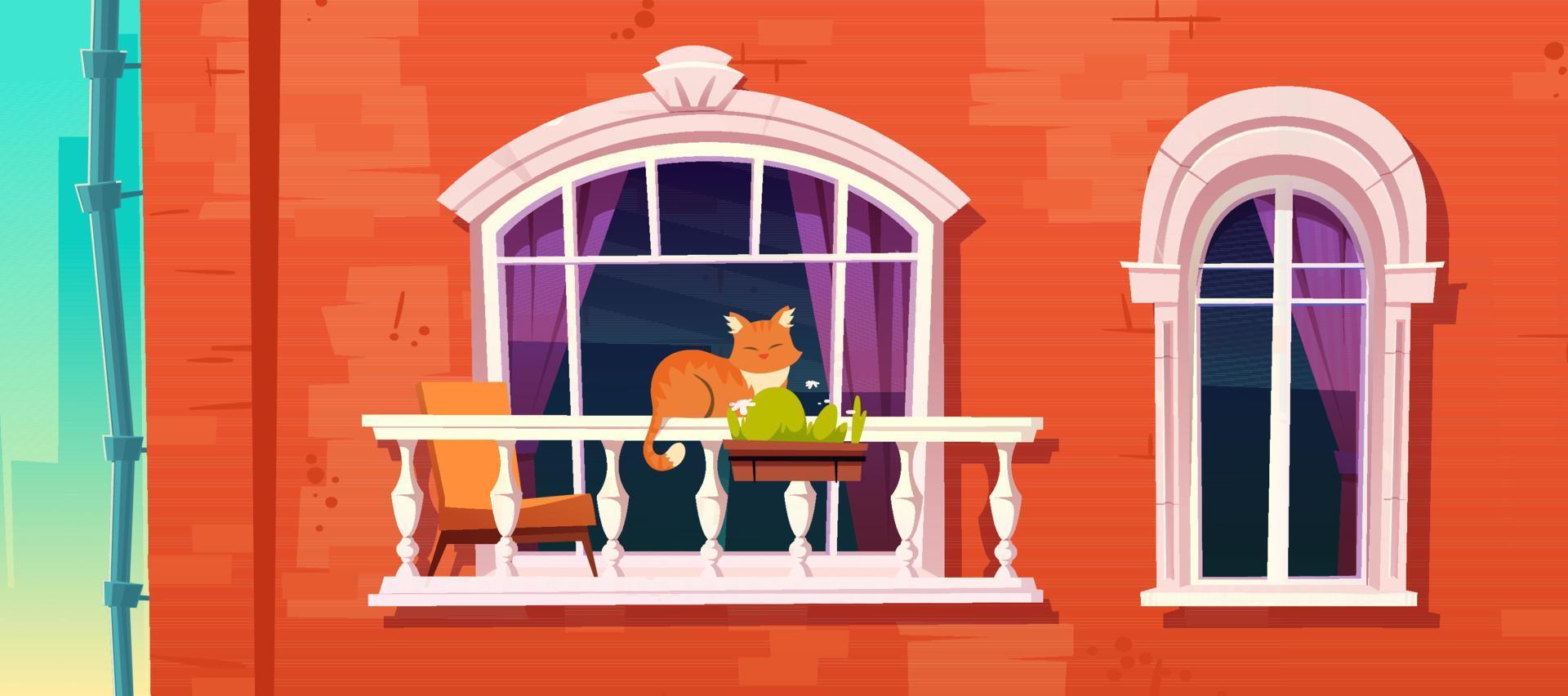 Cat sleep on home balcony railing. Sweet pet relax vector