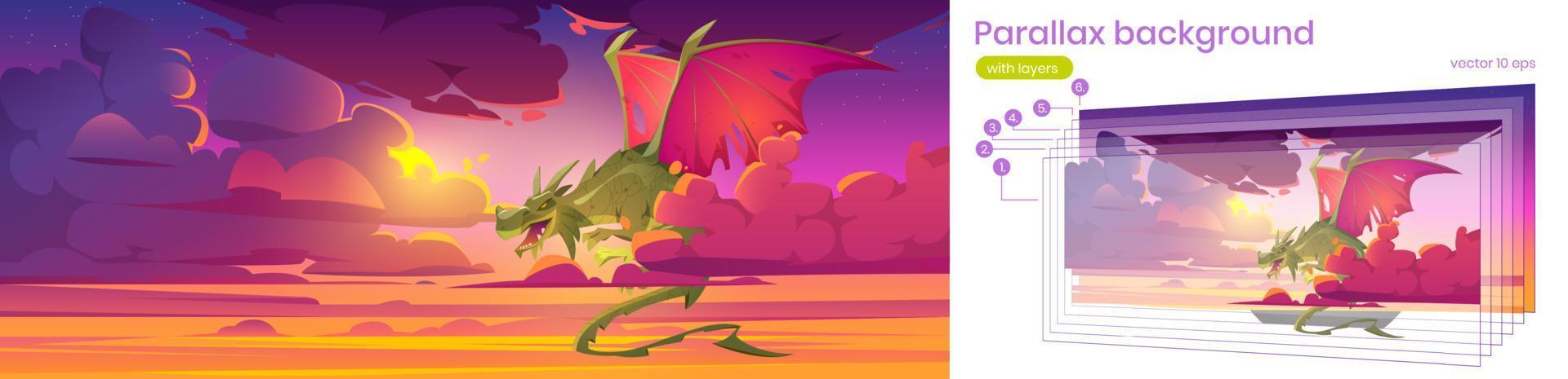 fondo de paralaje para el juego, con dragón en el cielo vector