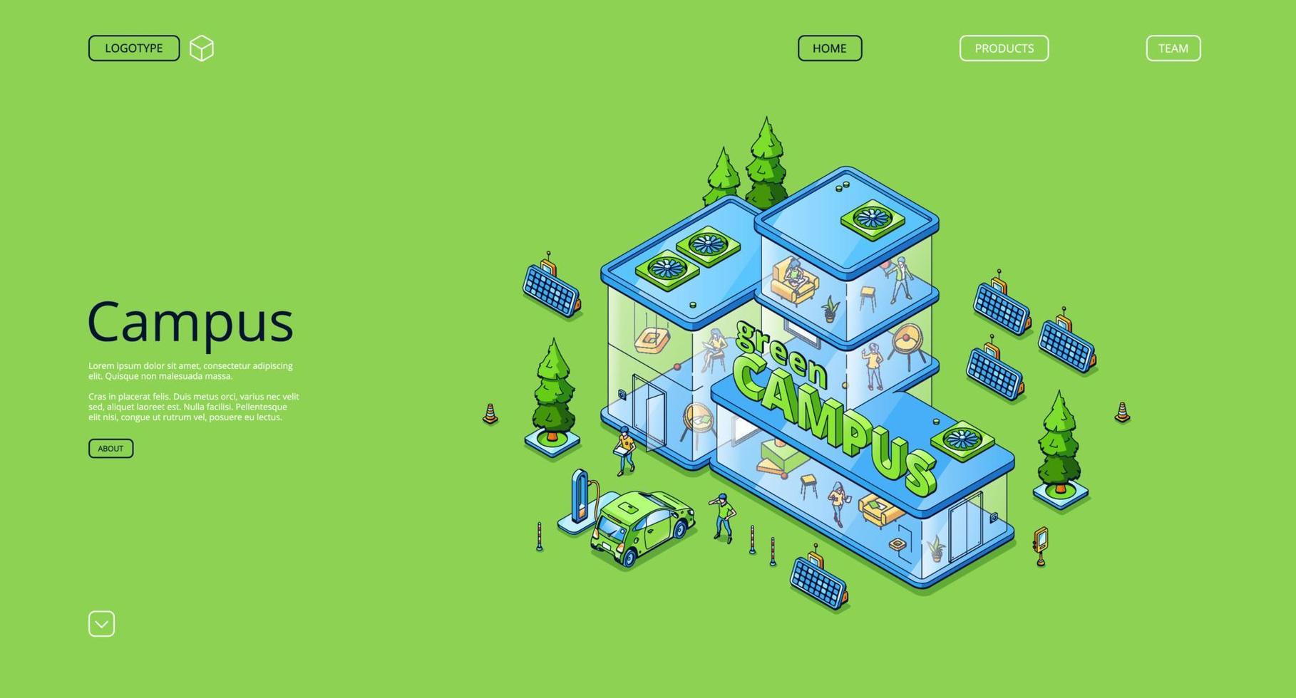 Green campus isometric landing page, people work vector