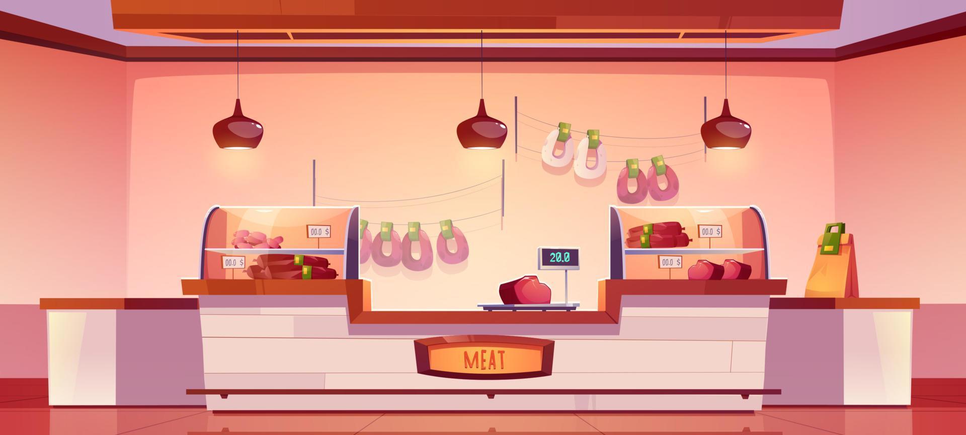 Meat shop, butchery store with farm production vector