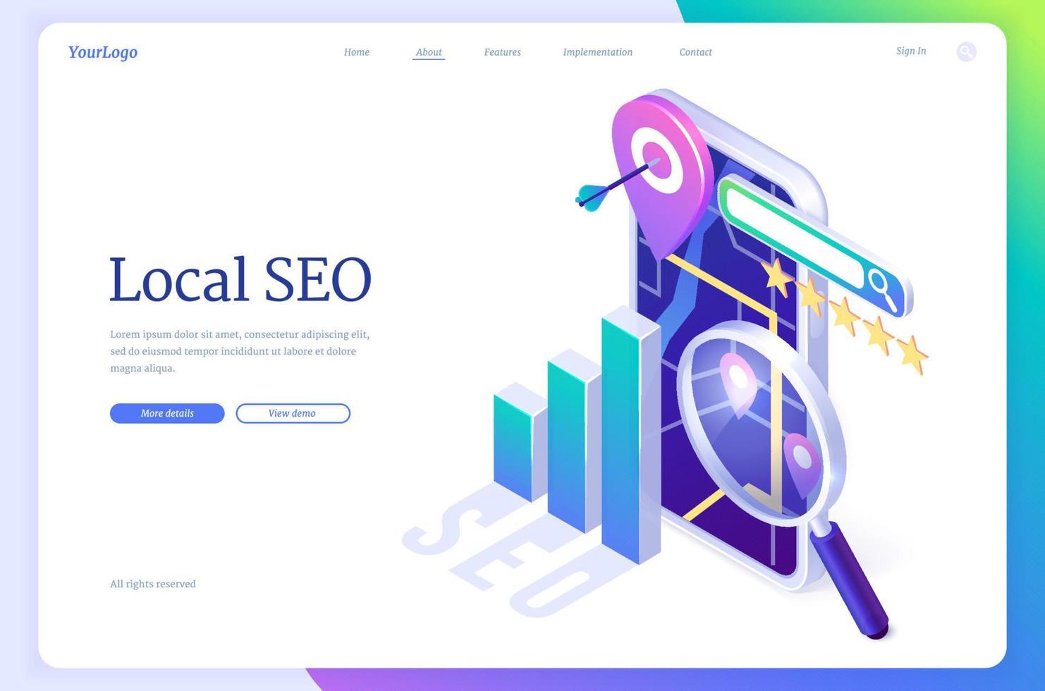 Local SEO isometric landing page, business ranking vector