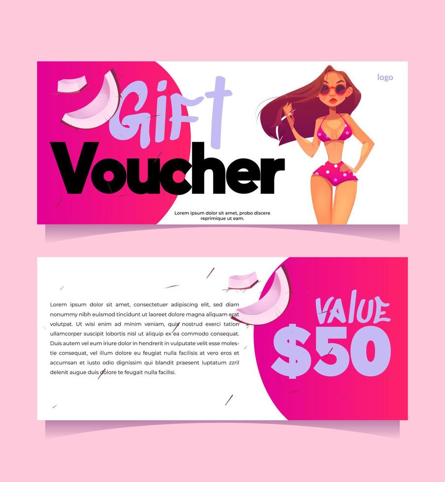 Gift voucher template with girl in swimsuit vector