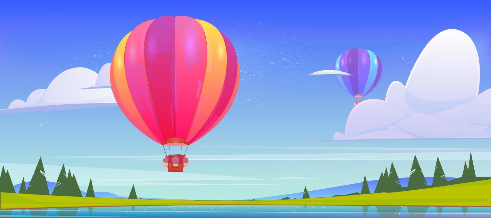 Hot air balloons flying above pond, field, rocks vector