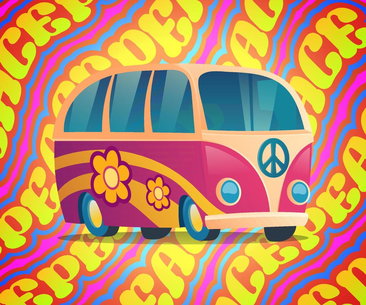 autobús hippie con etiqueta de paz y amor y flores vector