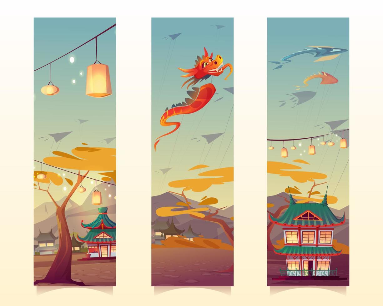 Chinese festival with lanterns and flying kites vector