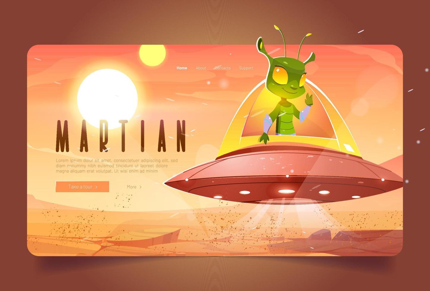 página de inicio de dibujos animados marcianos, lindo alienígena en ufo vector