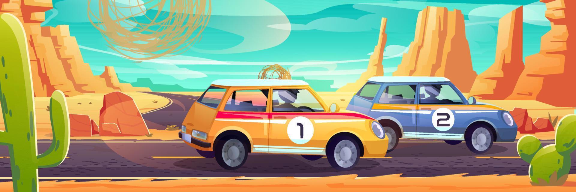 Race cars on road in desert with rocks vector