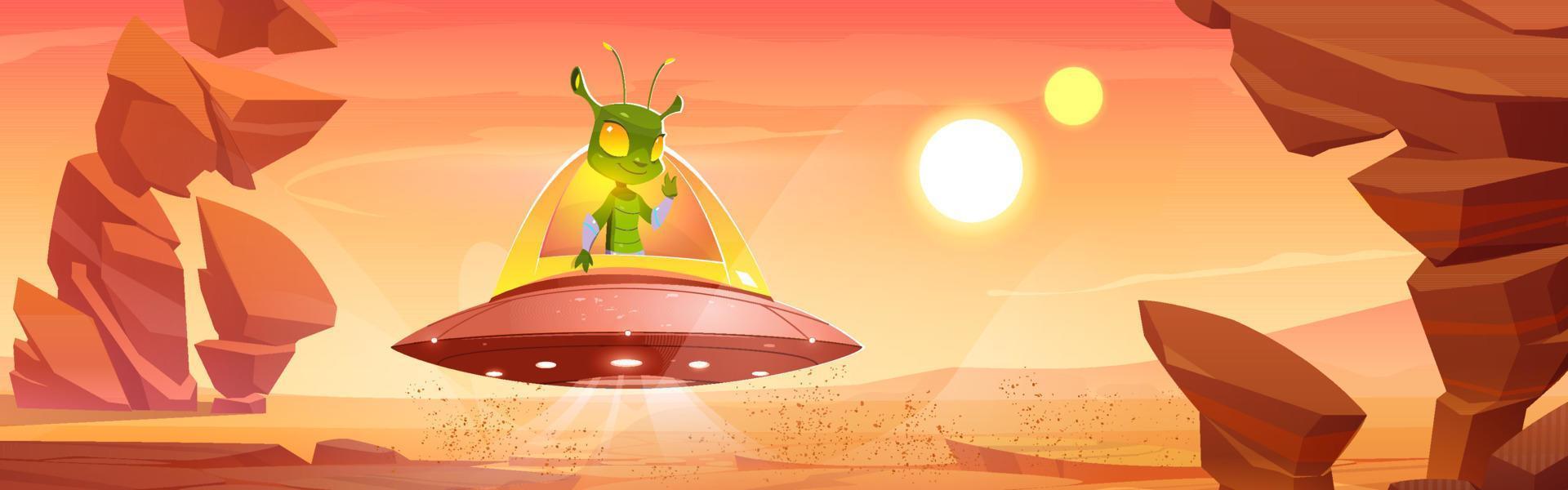 Cute martian in ufo on Mars alien planet landscape vector