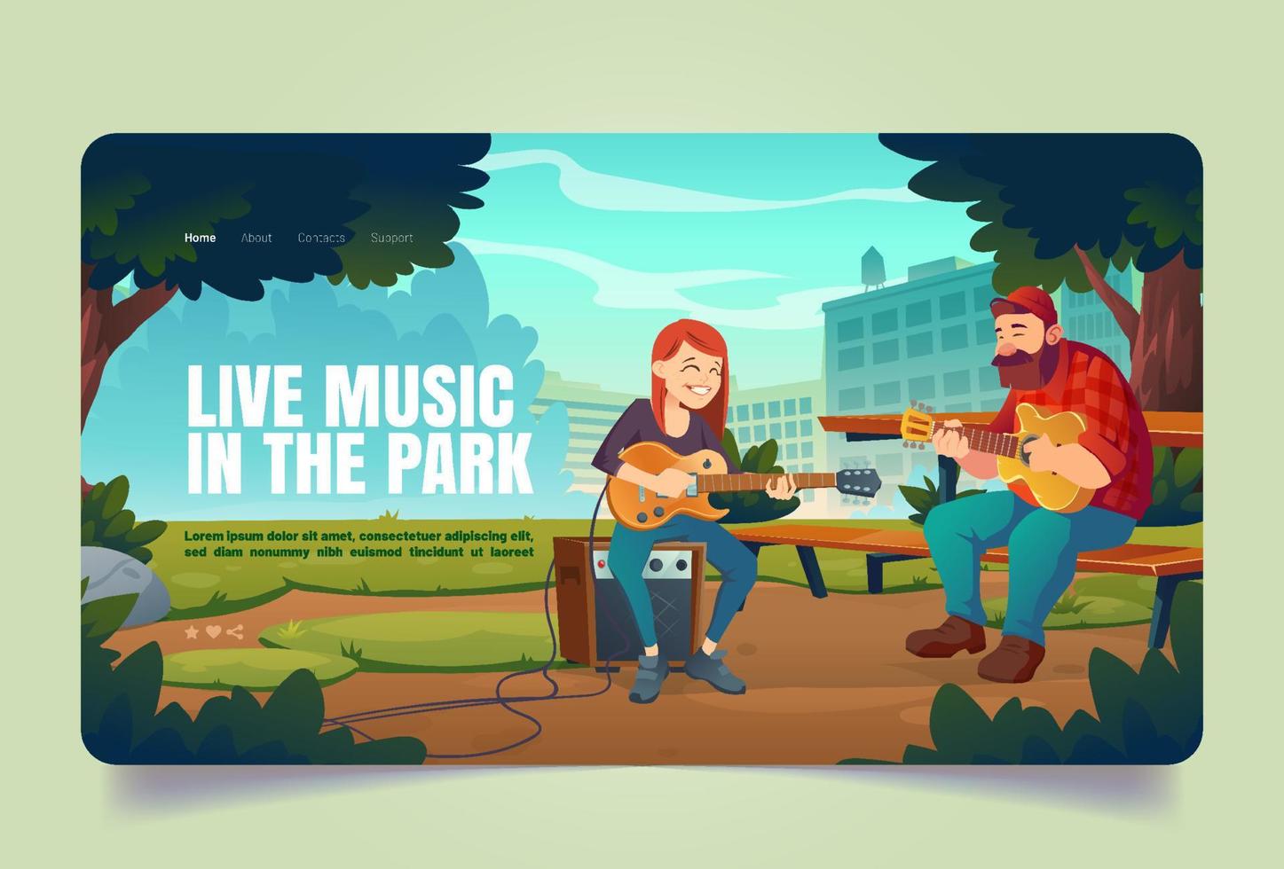 Banner with people play music in city park vector
