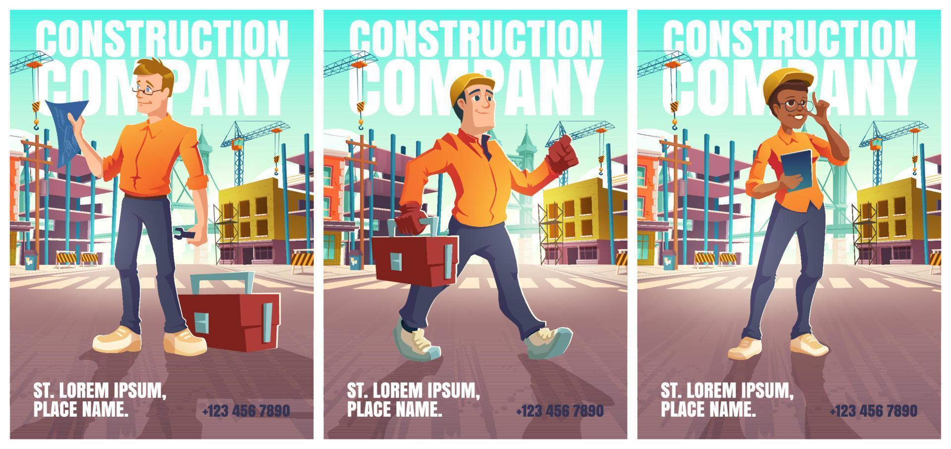 cartel de la empresa constructora con trabajadores vector