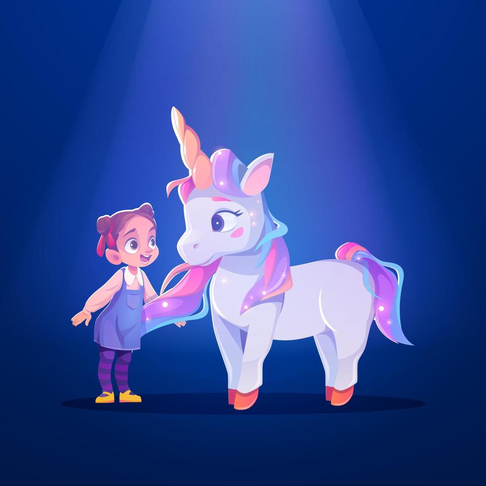 Unicorn and little girl, child and cute white pony vector