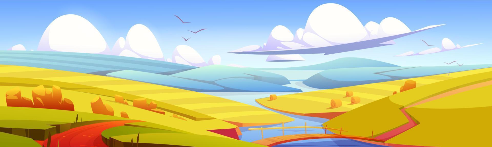 Autumn landscape with river and hay bales on field vector