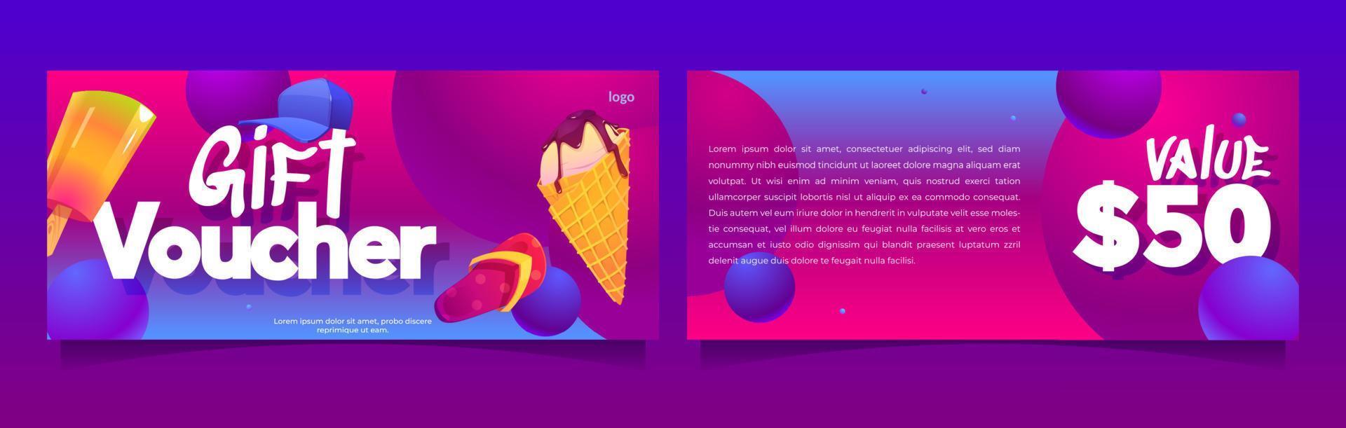 Gift voucher template with ice cream and slippers vector