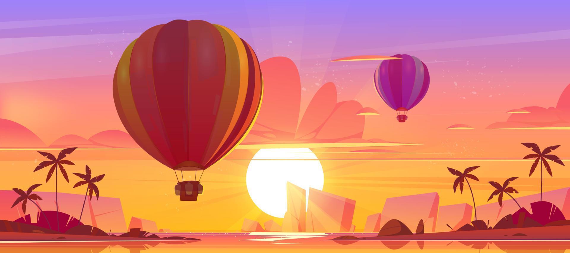 paisaje marino con globos aerostáticos al atardecer vector