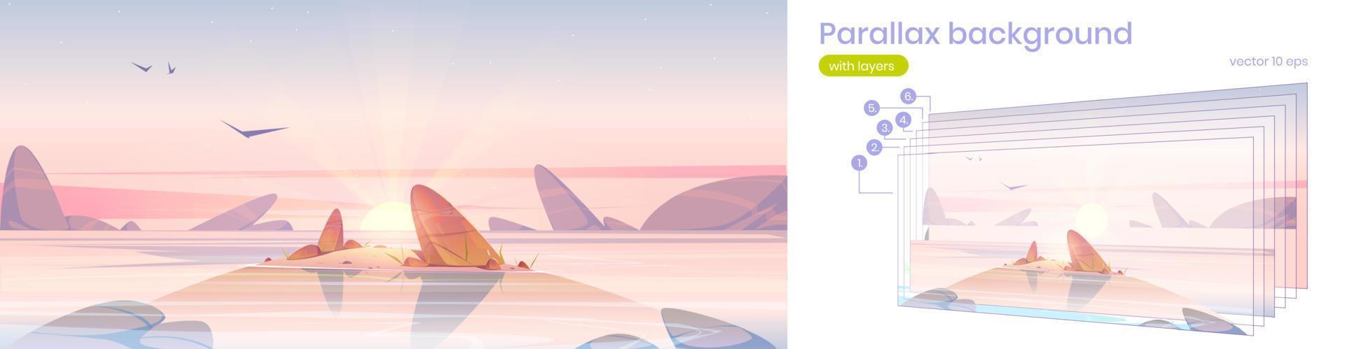 fondo de paralaje con playa de mar al amanecer vector