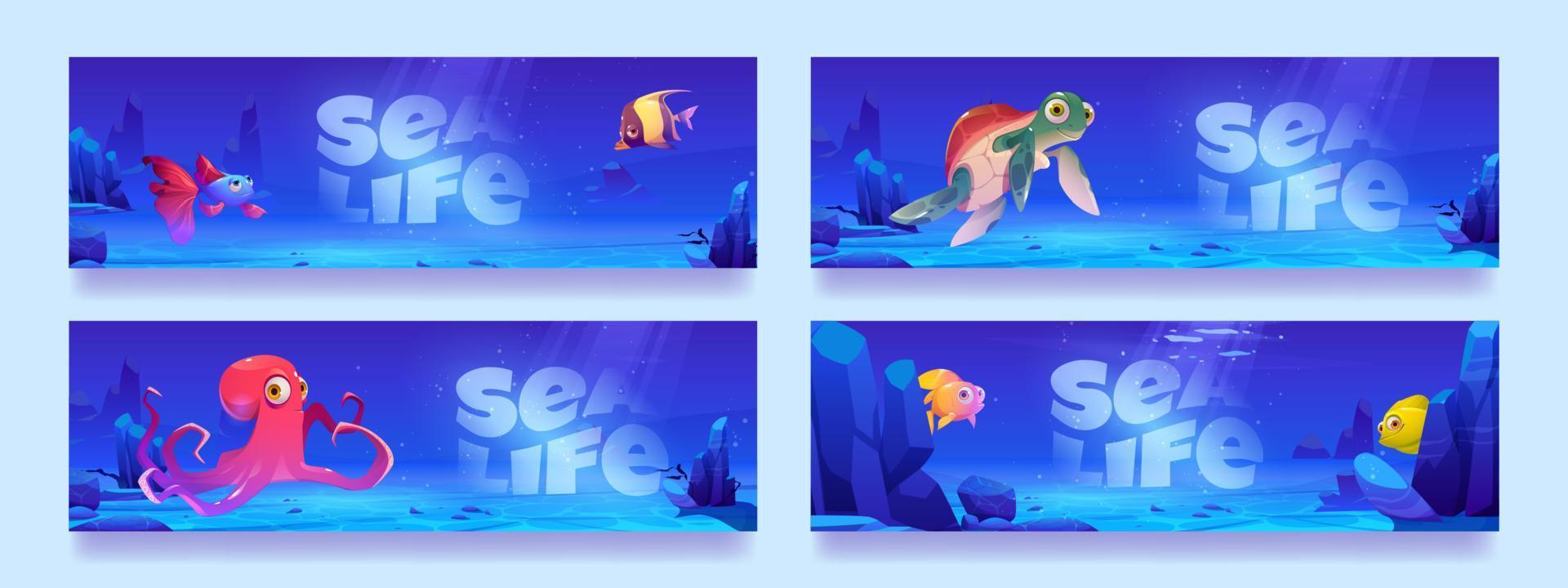Sea life posters with fish, octopus and turtle vector