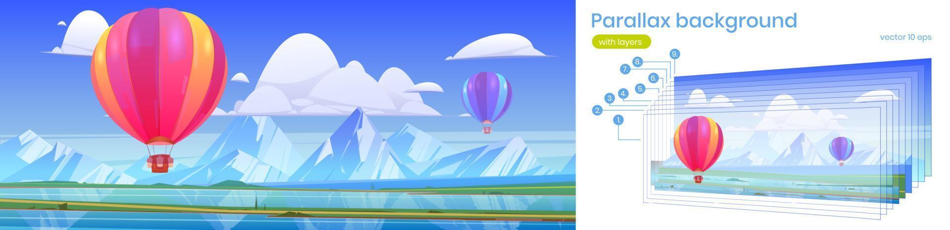 Parallax game background with hot air balloons vector