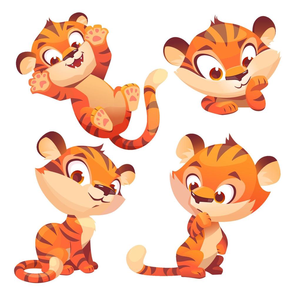 pequeño y lindo personaje de tigre juega y piensa vector