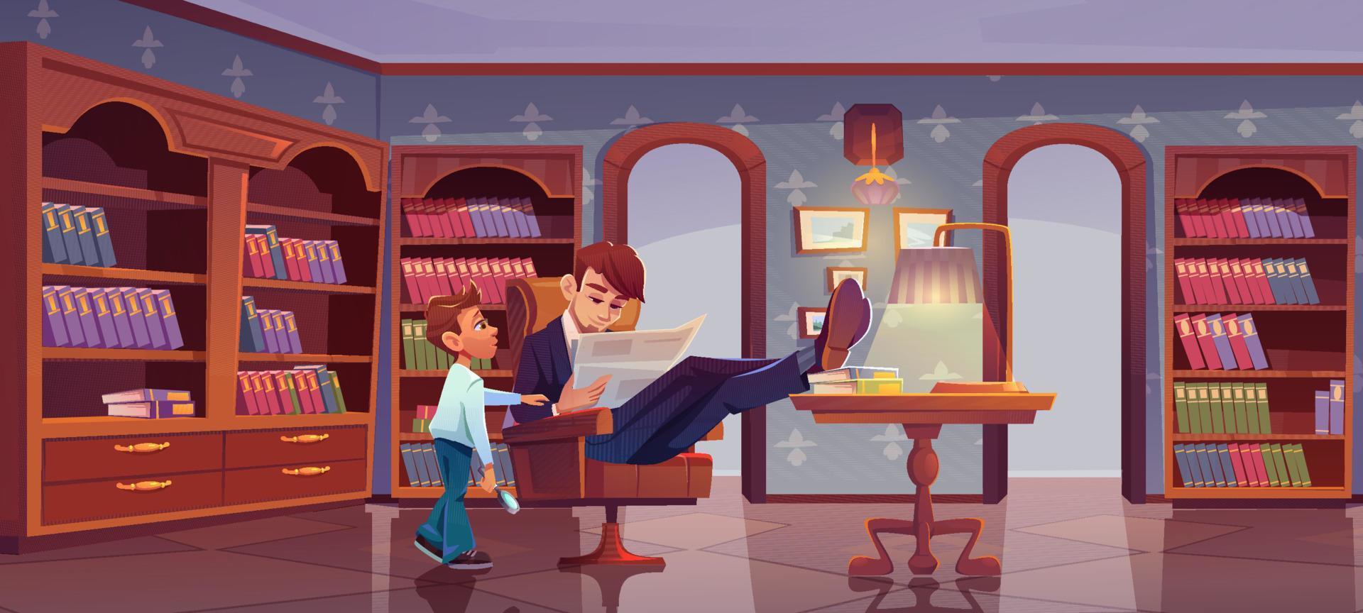 Son and father at home library. Son and busy dad vector