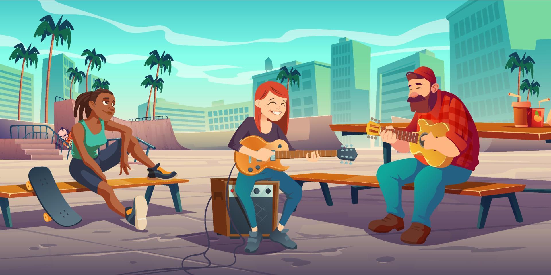 Artists play live music in urban skate park area vector