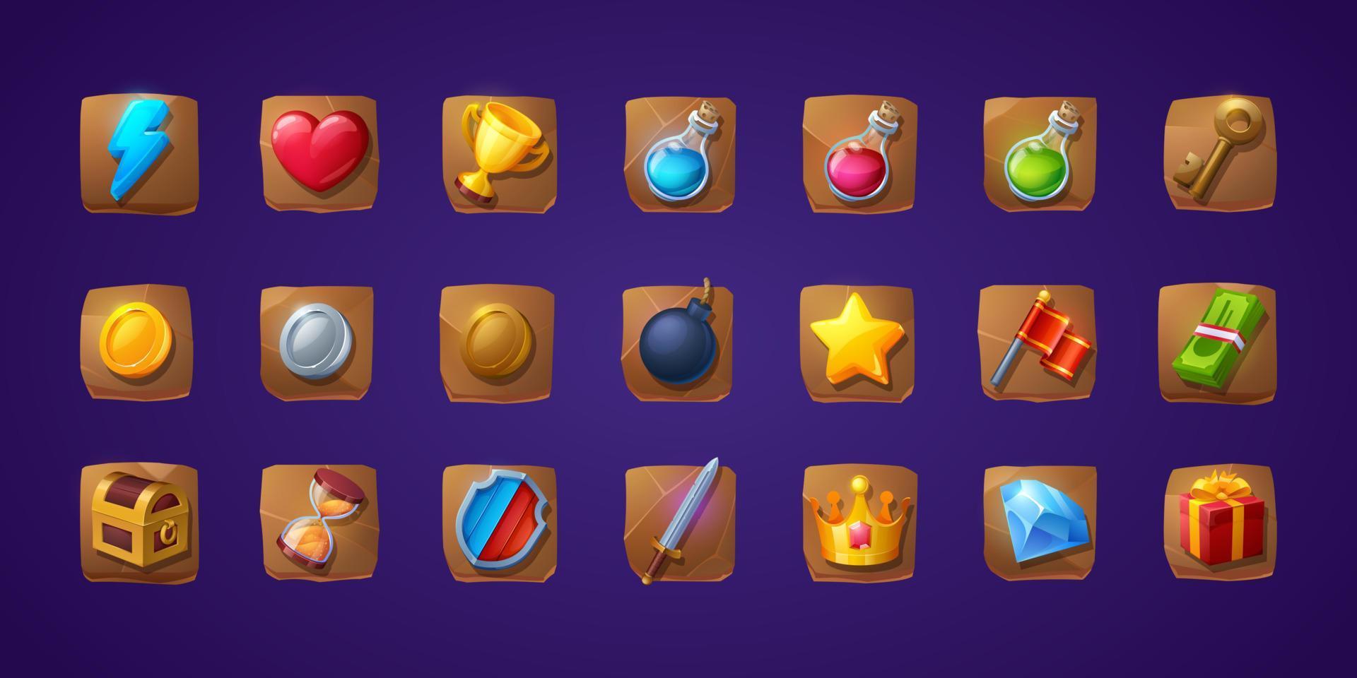 Set of game icons or buttons. Cartoon ui elements vector