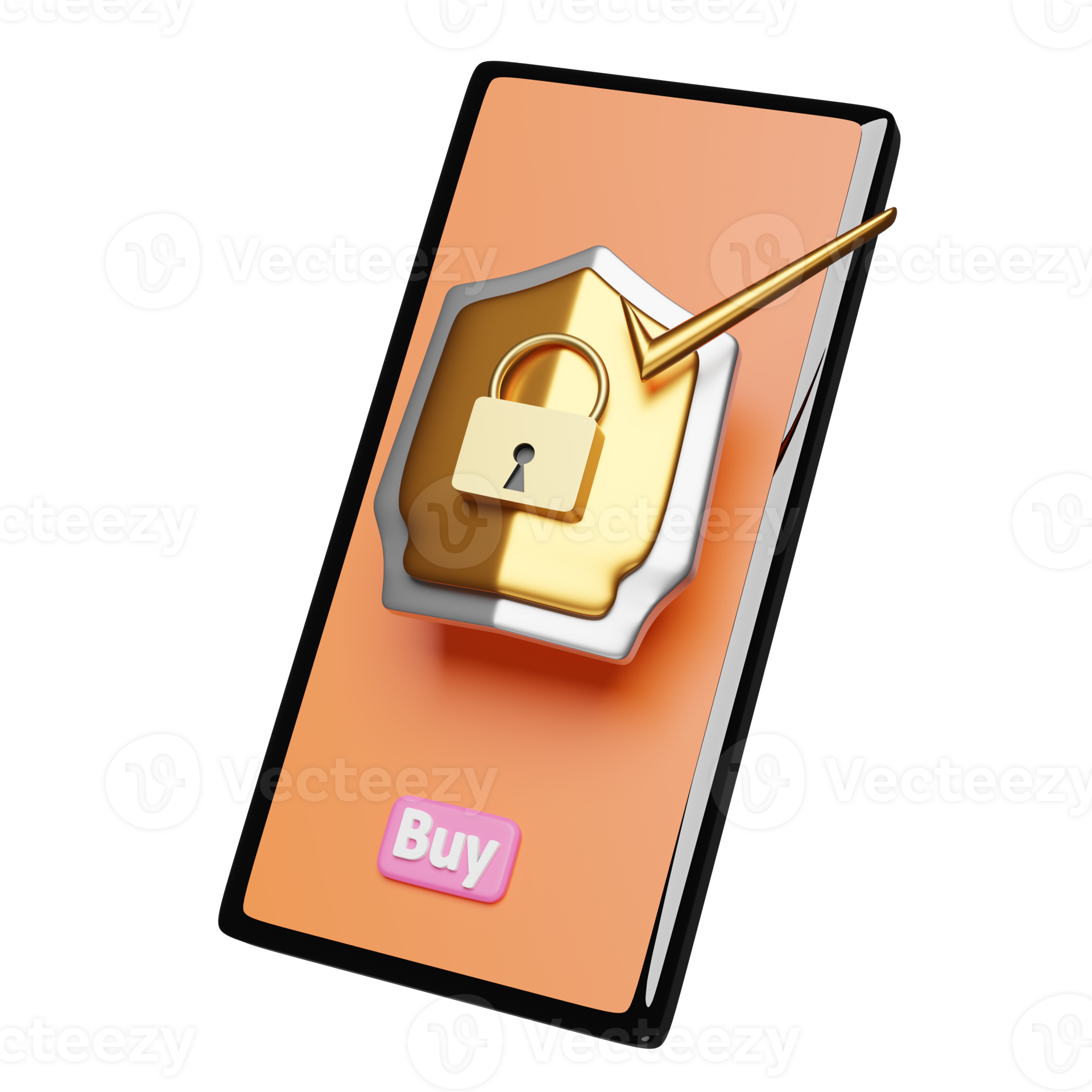 orange mobile phone or smartphone with golden shield check, buy label