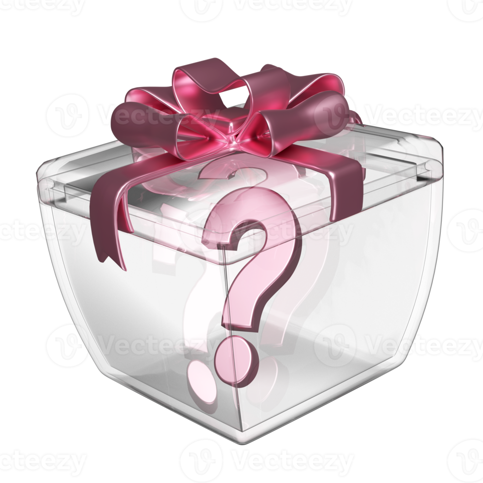 3d transparent gift box with question mark symbol icon isolated. FAQ or frequently asked questions, minimal concept, 3d render illustration png
