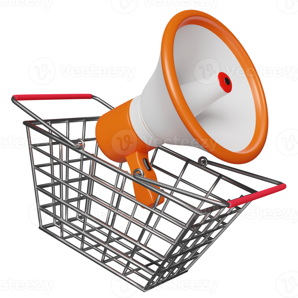 3d stainless steel shopping carts or basket with megaphone, hand speaker isolated. online marketing shopping, promotion news for social media networks concept, 3d render png