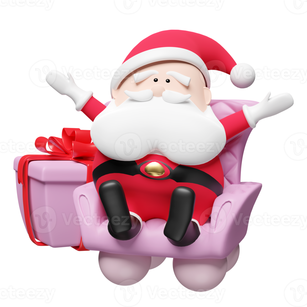 Santa claus sitting on sofa chair with gift box isolated. website, poster or Happiness cards png