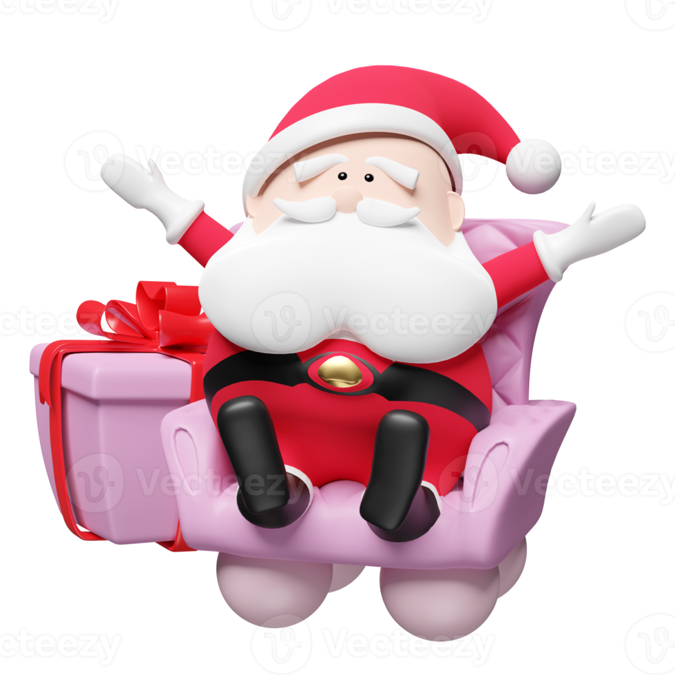 santa claus sentado en un sillón con caja de regalo aislada. sitio web, póster o tarjetas de felicidad png