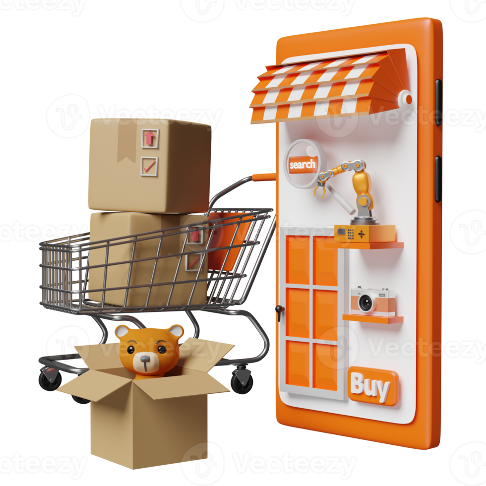 orange mobile phone, smartphone with store front, teddy bear, paper bags, goods cardboard box, shopping cart isolated. online shopping concept, 3d illustration or 3d render png