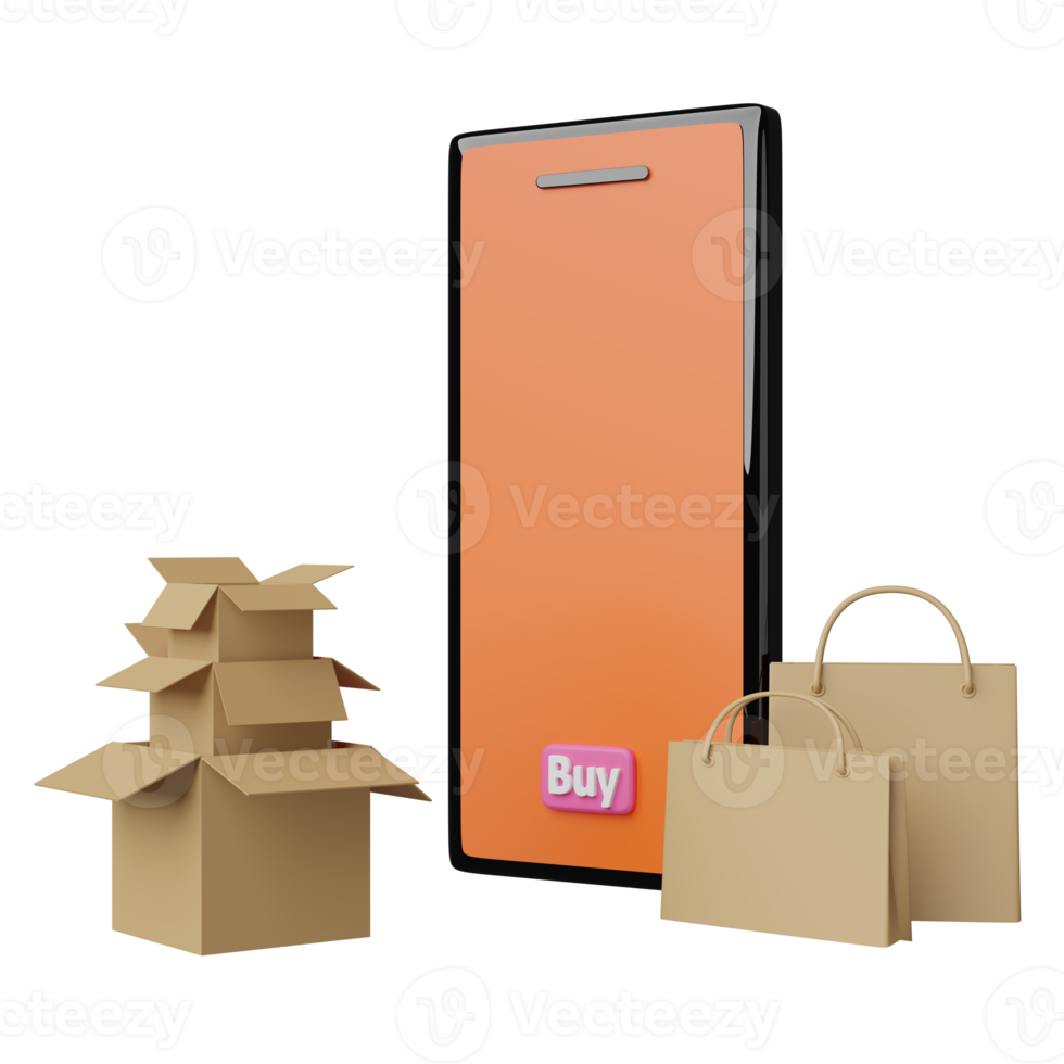 orange mobile phone, smartphone with paper bags,goods cardboard box isolated. online shopping concept, 3d illustration or 3d render png