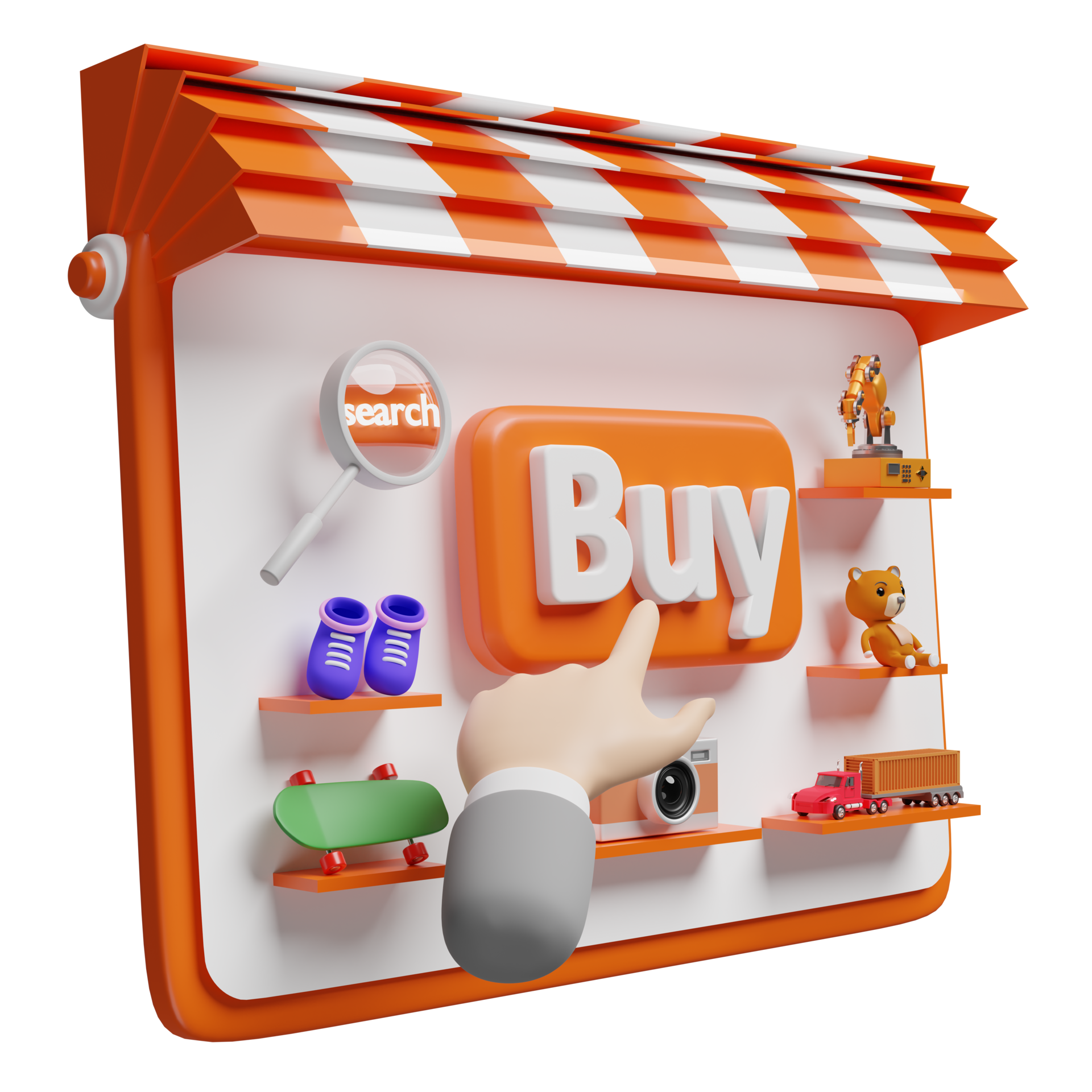 orange tablet, mobile phone, smartphone with store front, businessman
