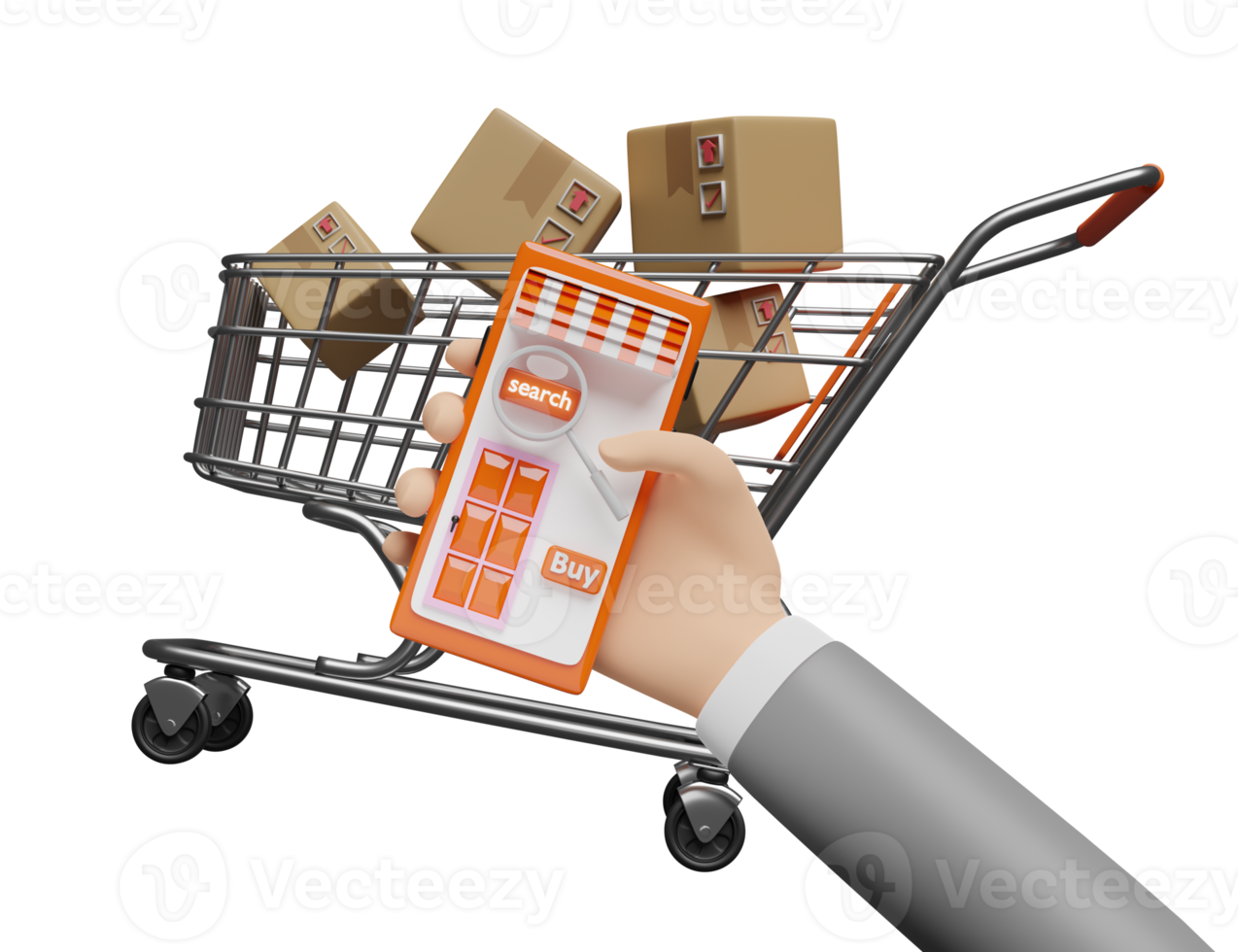 businessman hands holding orange mobile phone, smartphone with magnifying, goods cardboard box, shopping cart isolated. online shopping, search data concept, 3d illustration or 3d render png